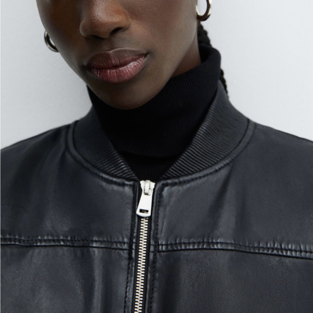 Mango Classic Black Leather Bomber Jacket - Picture 4 of 11